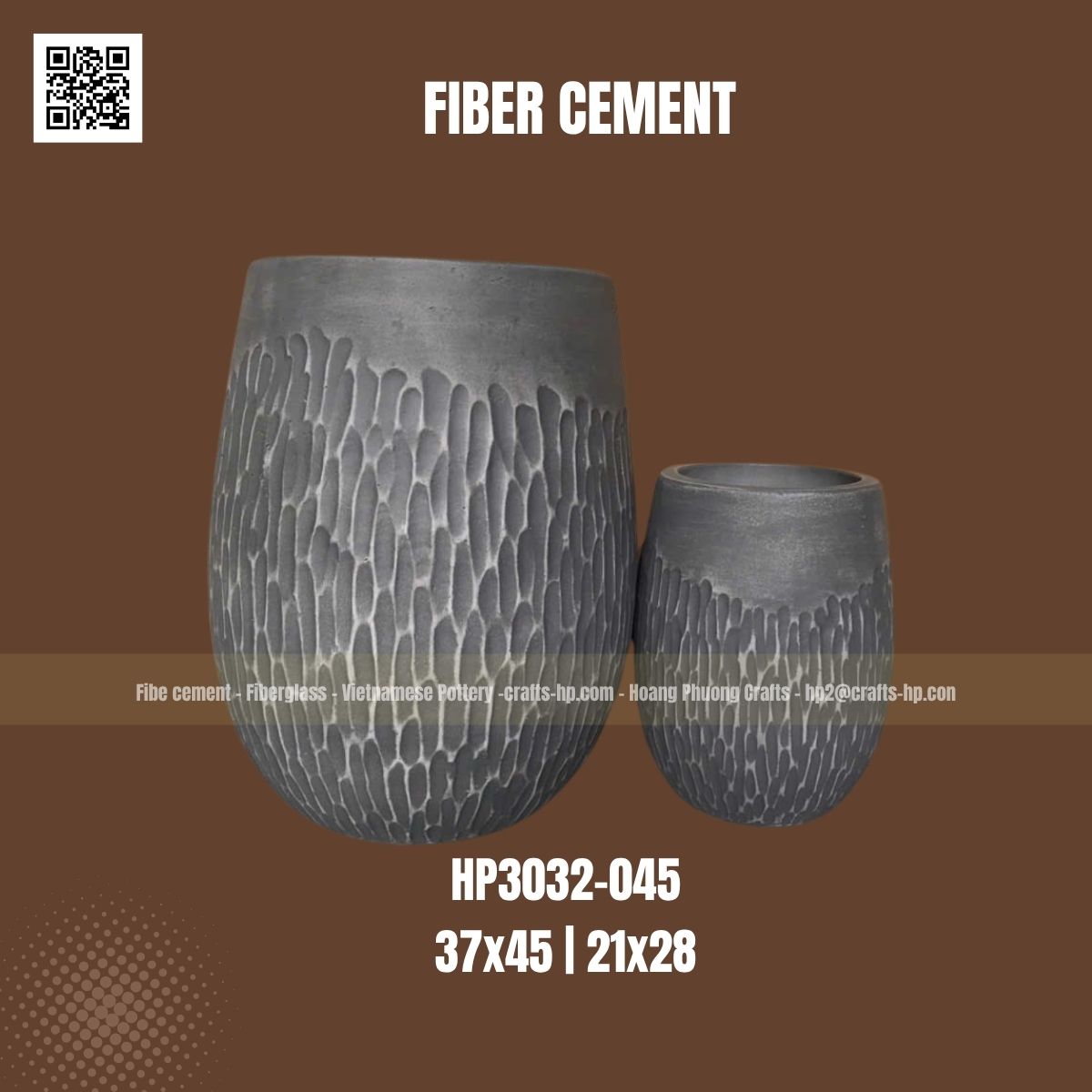 Round fiber cement pot set HP3032-045 with vertical line texture, handmade in Vietnam